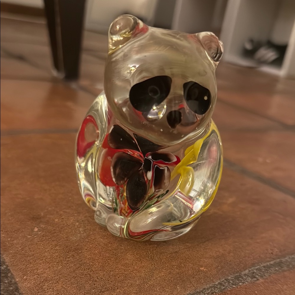 Glass Panda Figurine with Black and Yellow Accents has a little chip